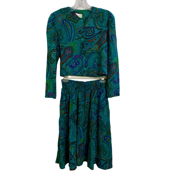 Vintage 80’s MODA INT’L Turquoise Paisley Skirt & Blouse Set, Size Woman’s 8 - Picture 1 of 4